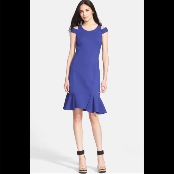 EUC $325 Rebecca Taylor Ponte Knit Off Shoulder Blue Dress Size 2 - Picture 2 of 15